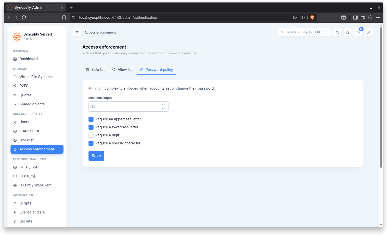 Password policy settings