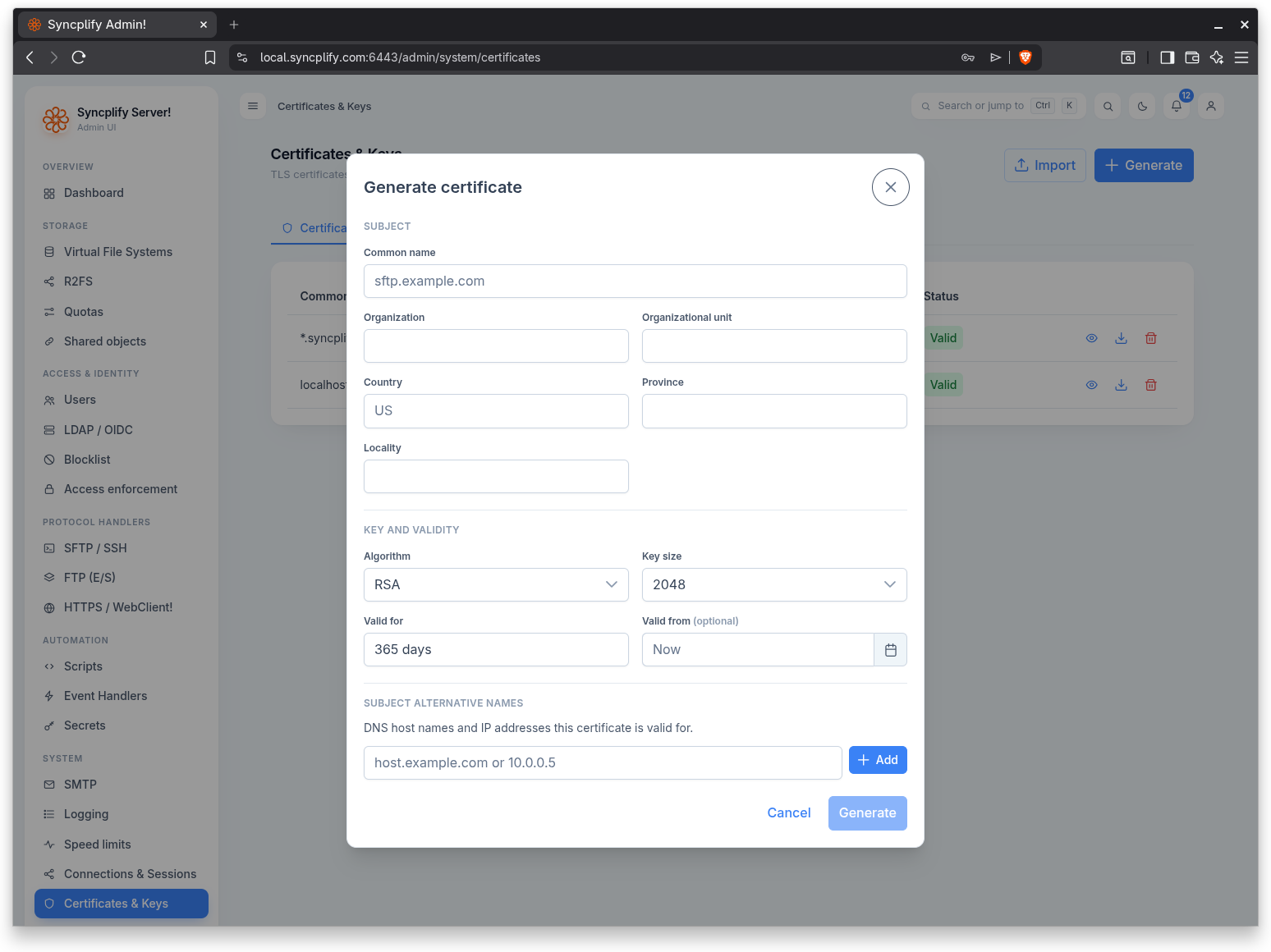 Generate certificate dialog