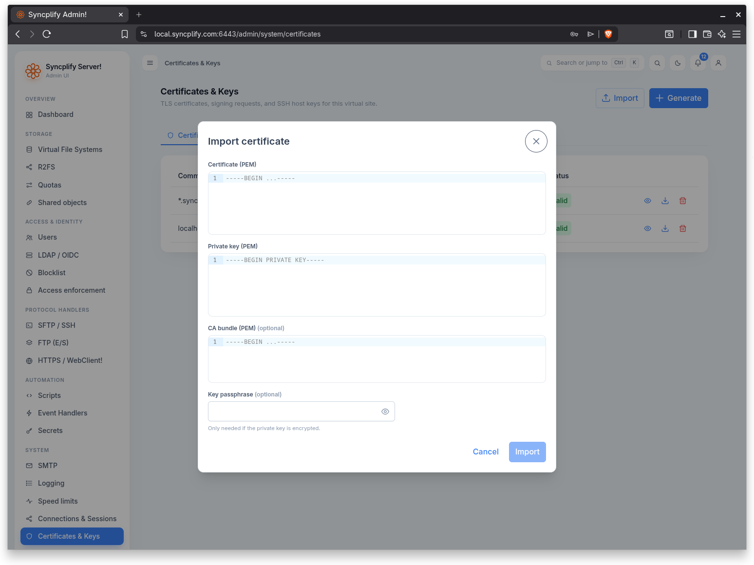 Import certificate dialog