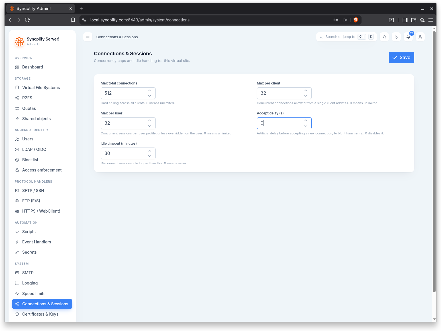 Connections and sessions settings