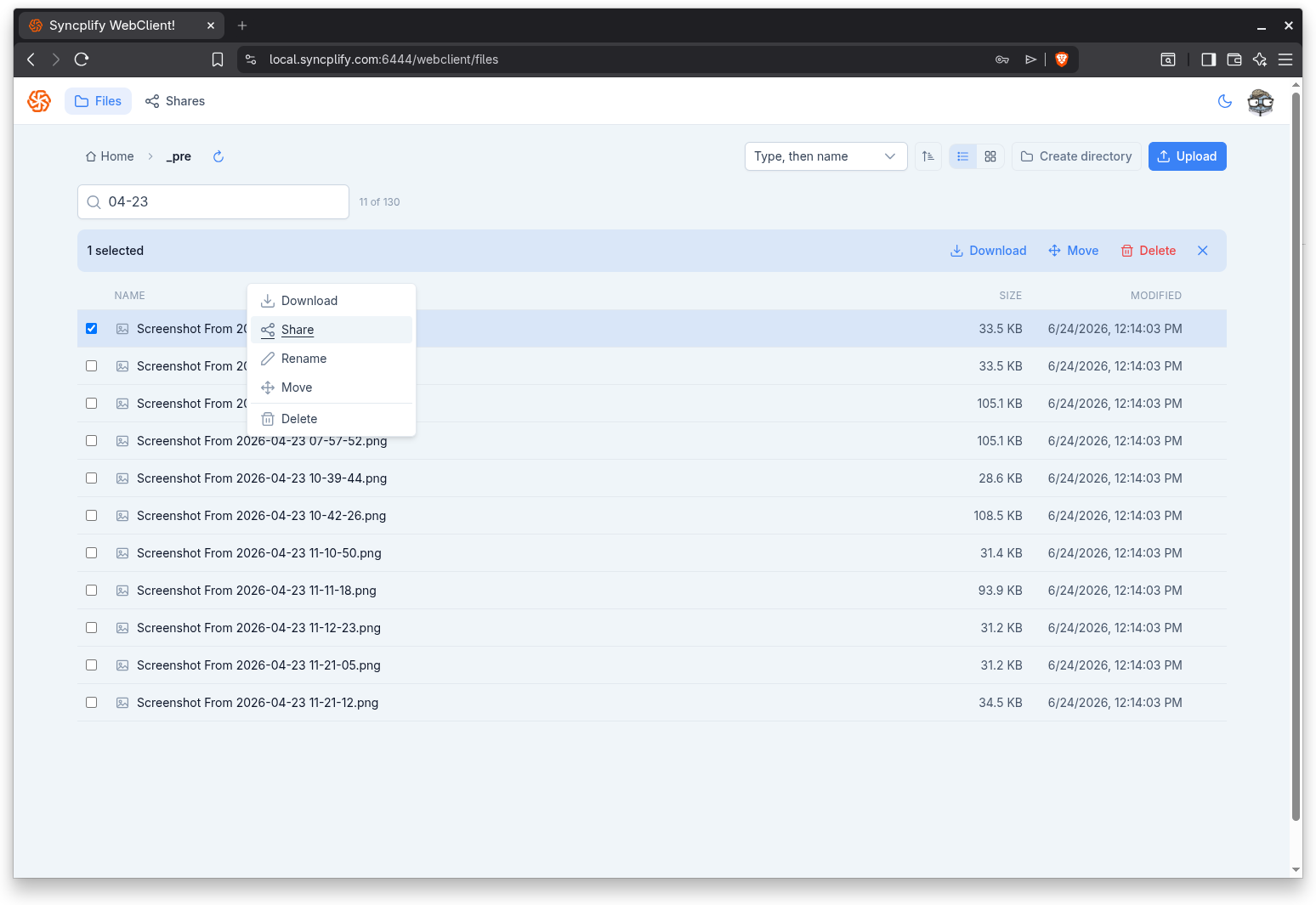 An item context menu with its available actions