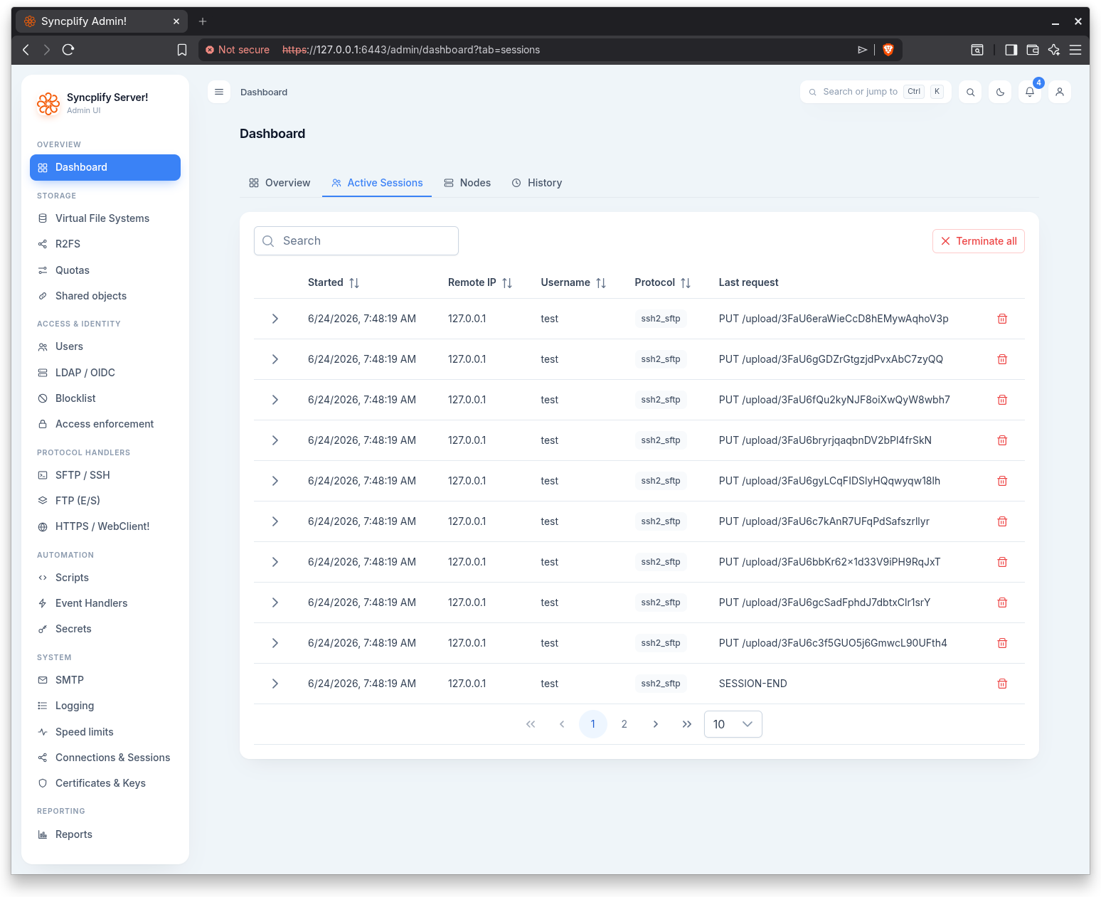 The Active Sessions tab