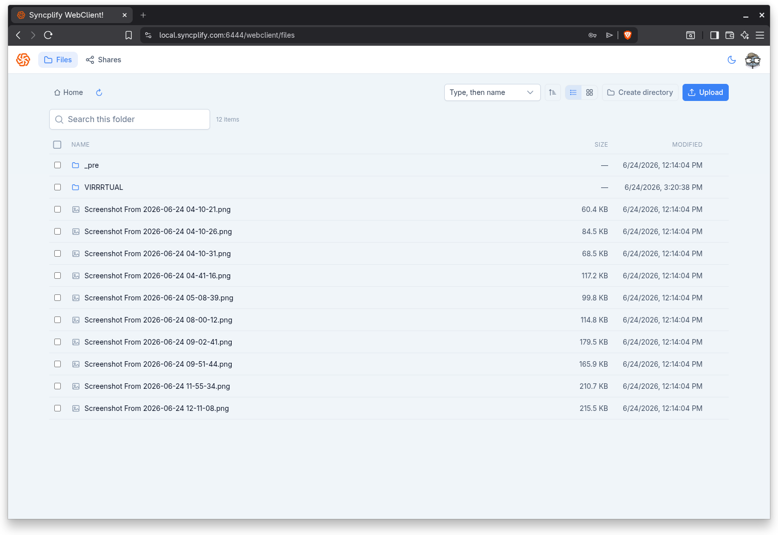 The WebClient file manager after signing in
