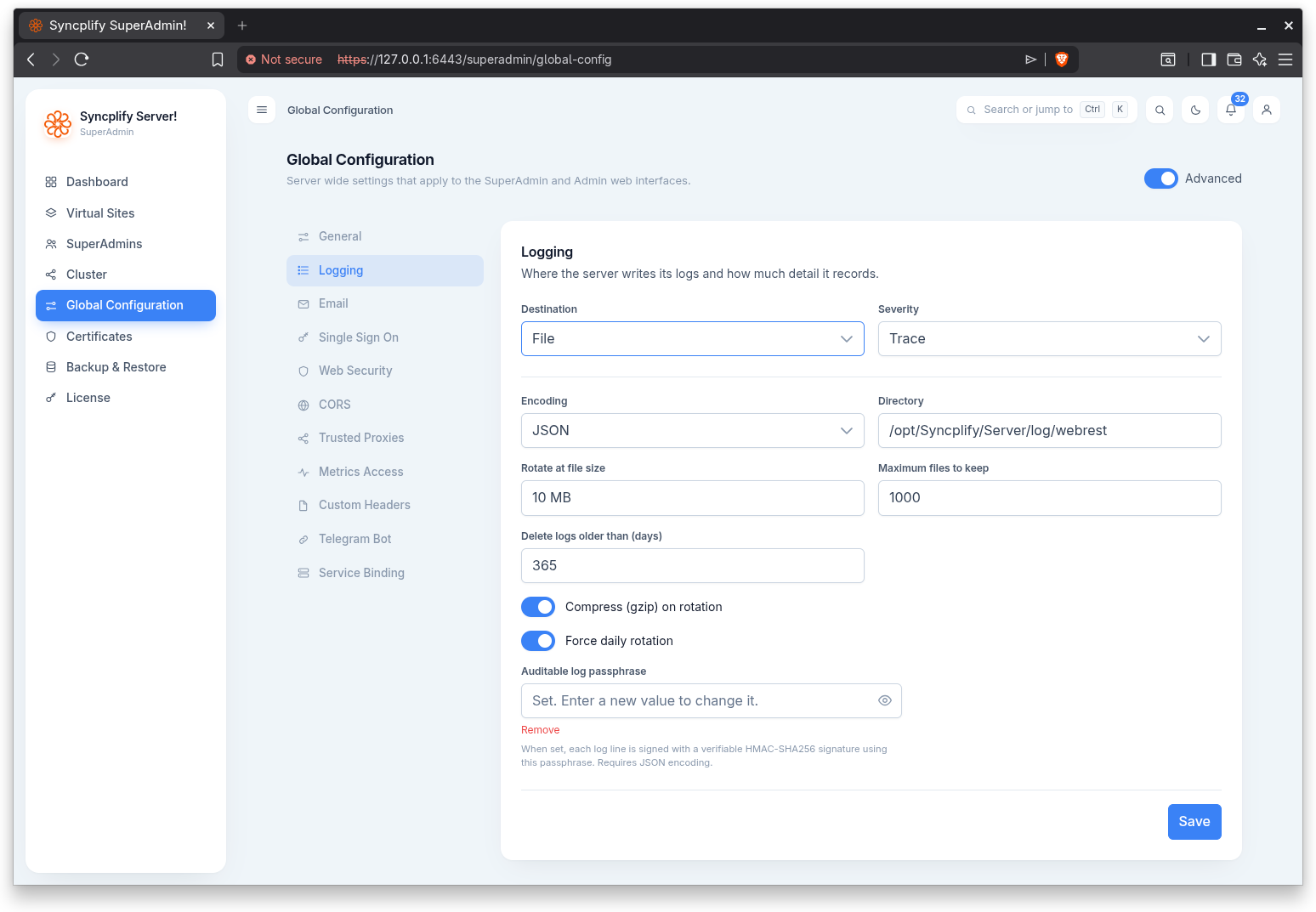 Global configuration page