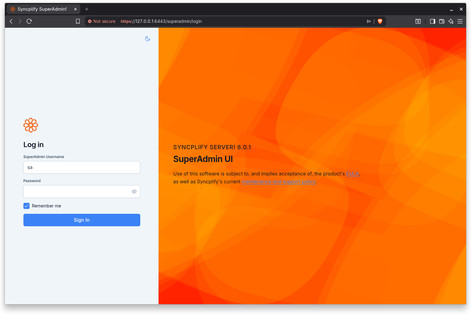 SuperAdmin login screen