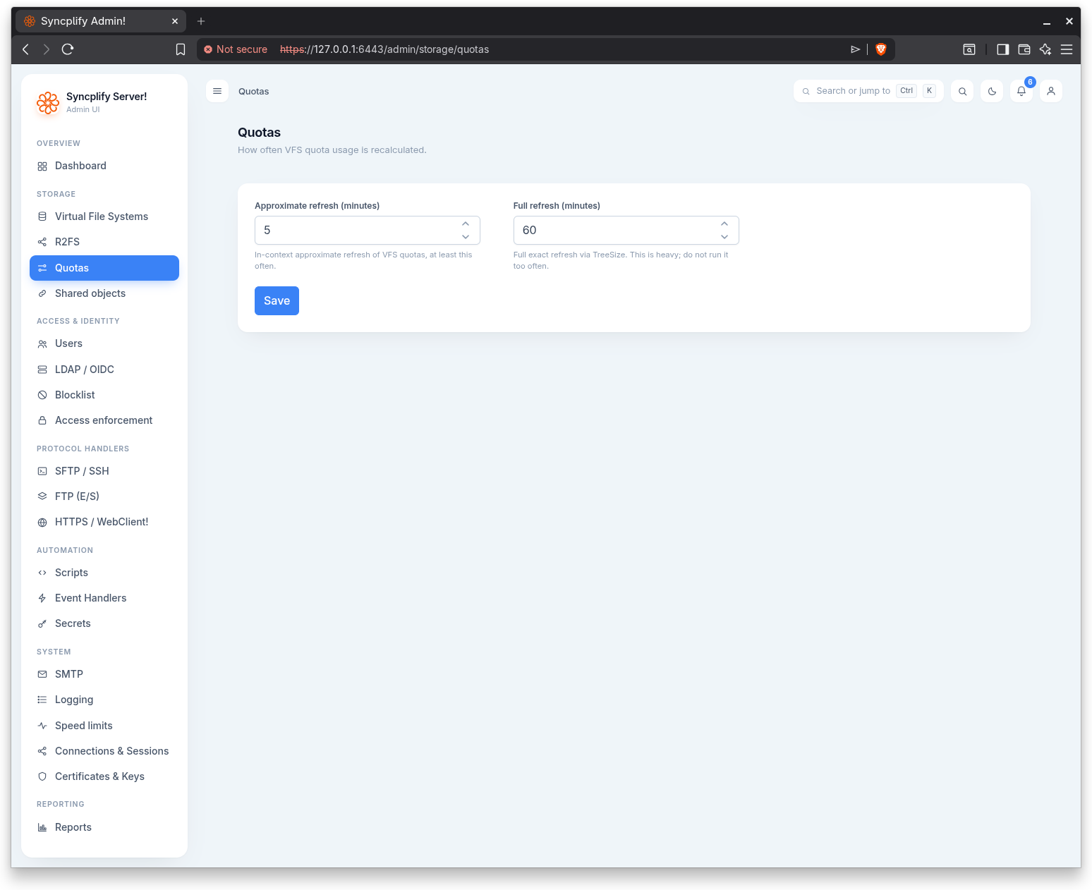 The Quotas settings page