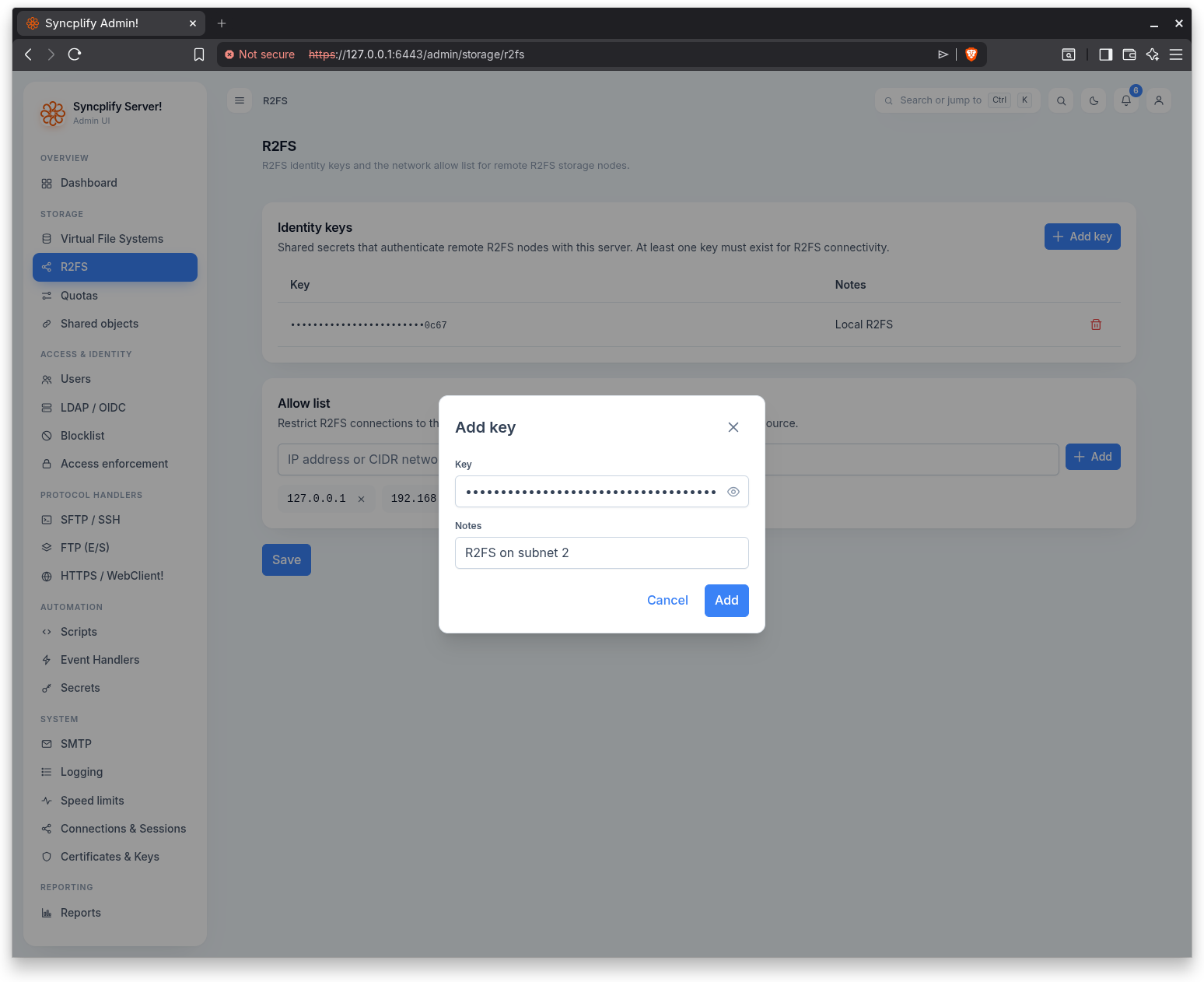The Add key dialog
