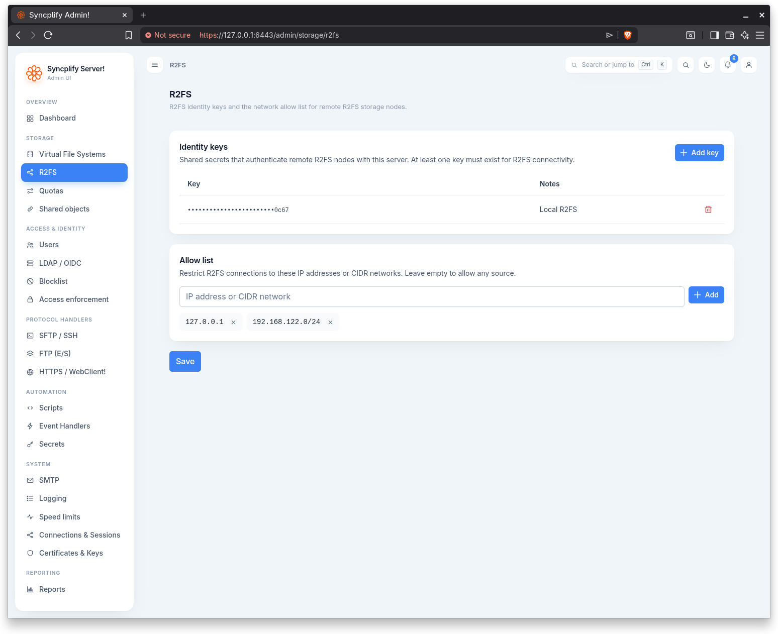 The R2FS configuration page