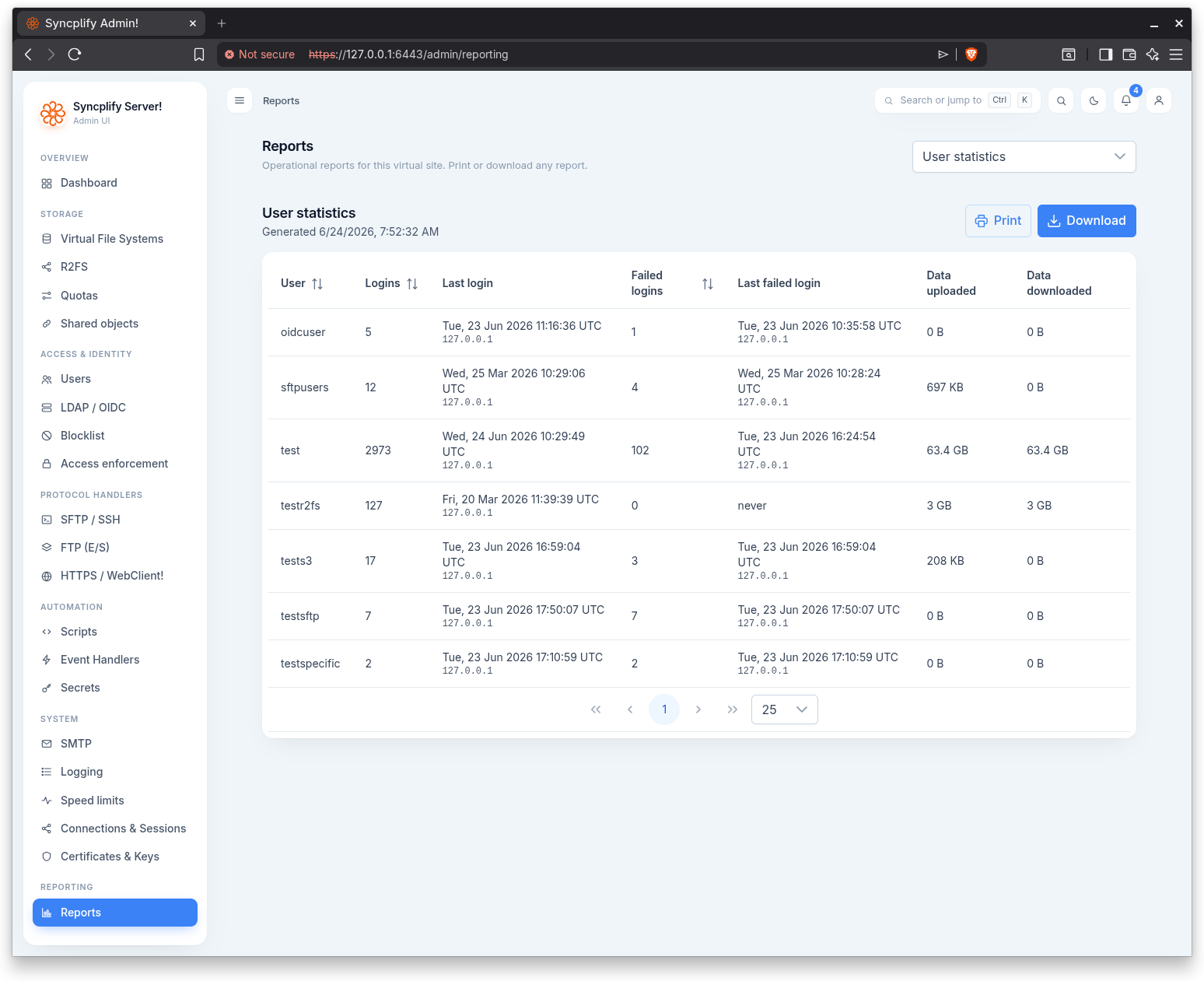 The Reporting page with the report picker