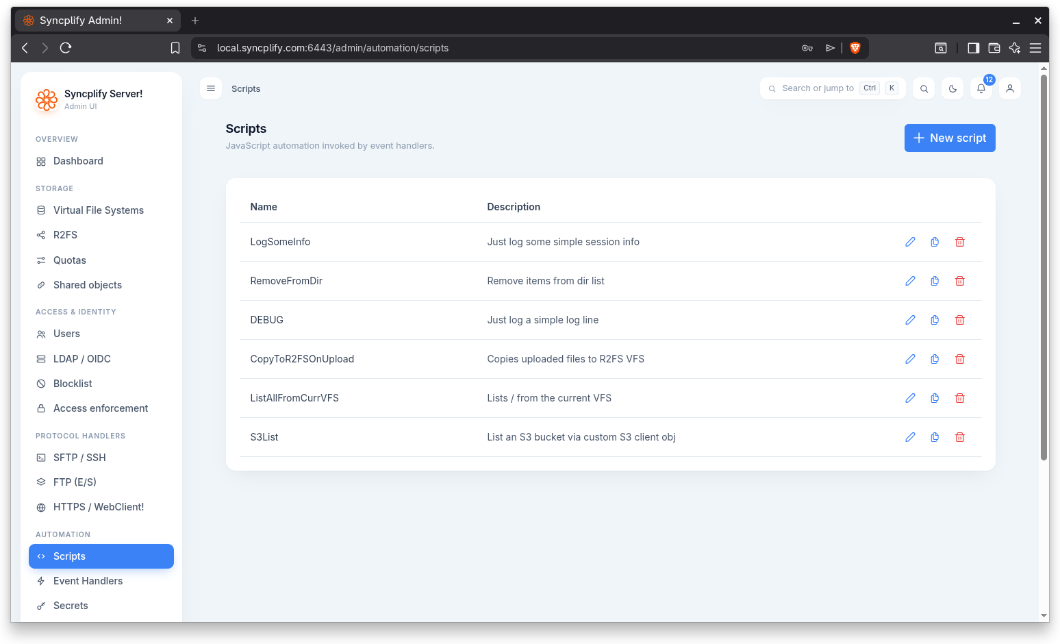 Scripts list columns showing Name and Description