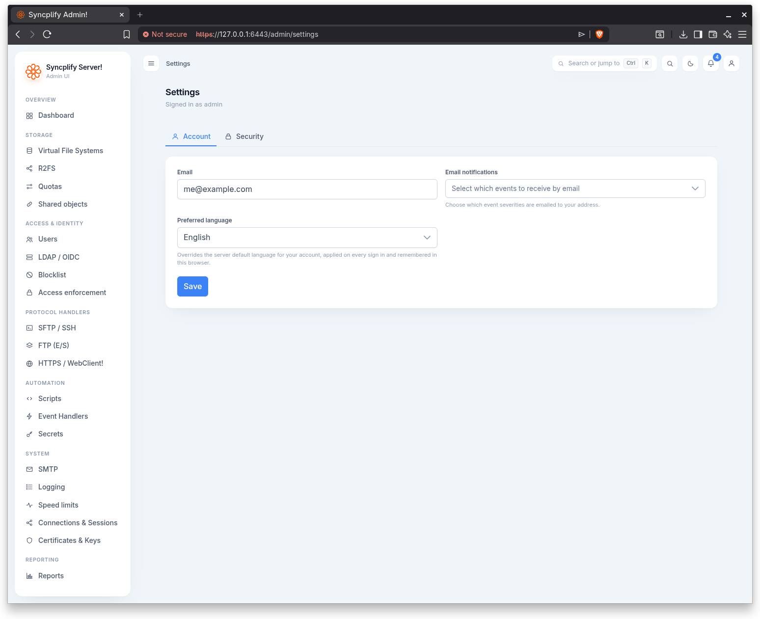The Admin account settings