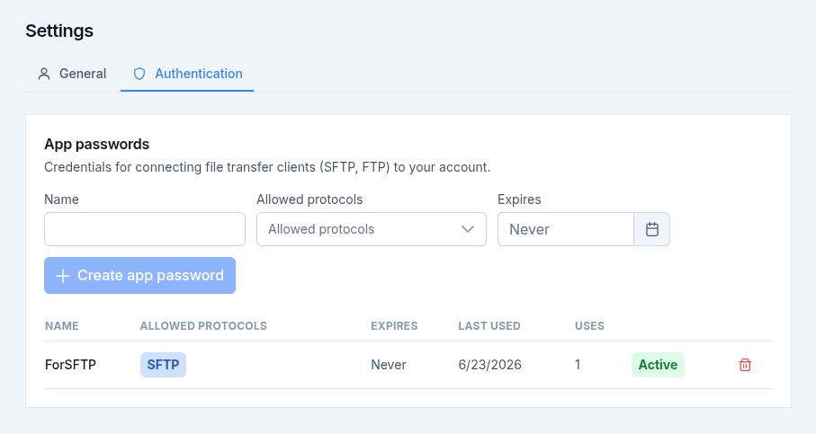 The app passwords section in Settings