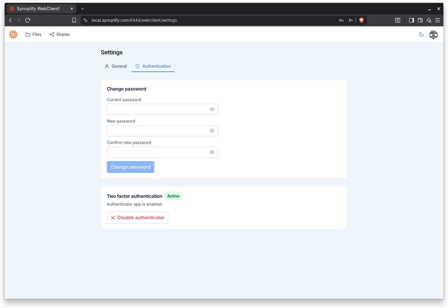 The Authentication tab with password and two factor options