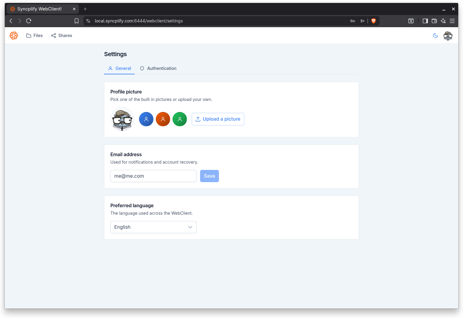The Settings page with the General and Authentication tabs