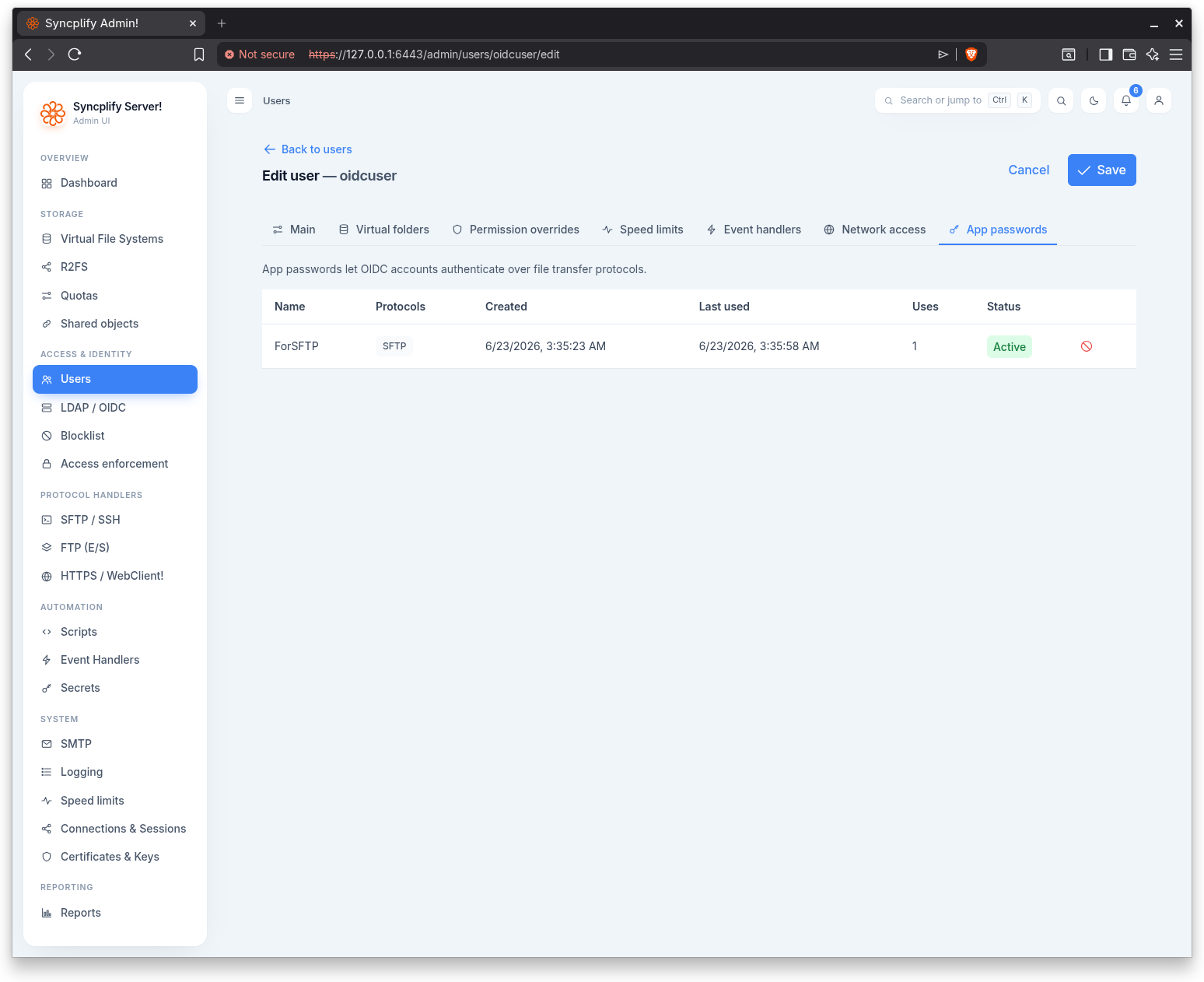 The App passwords tab of the user editor