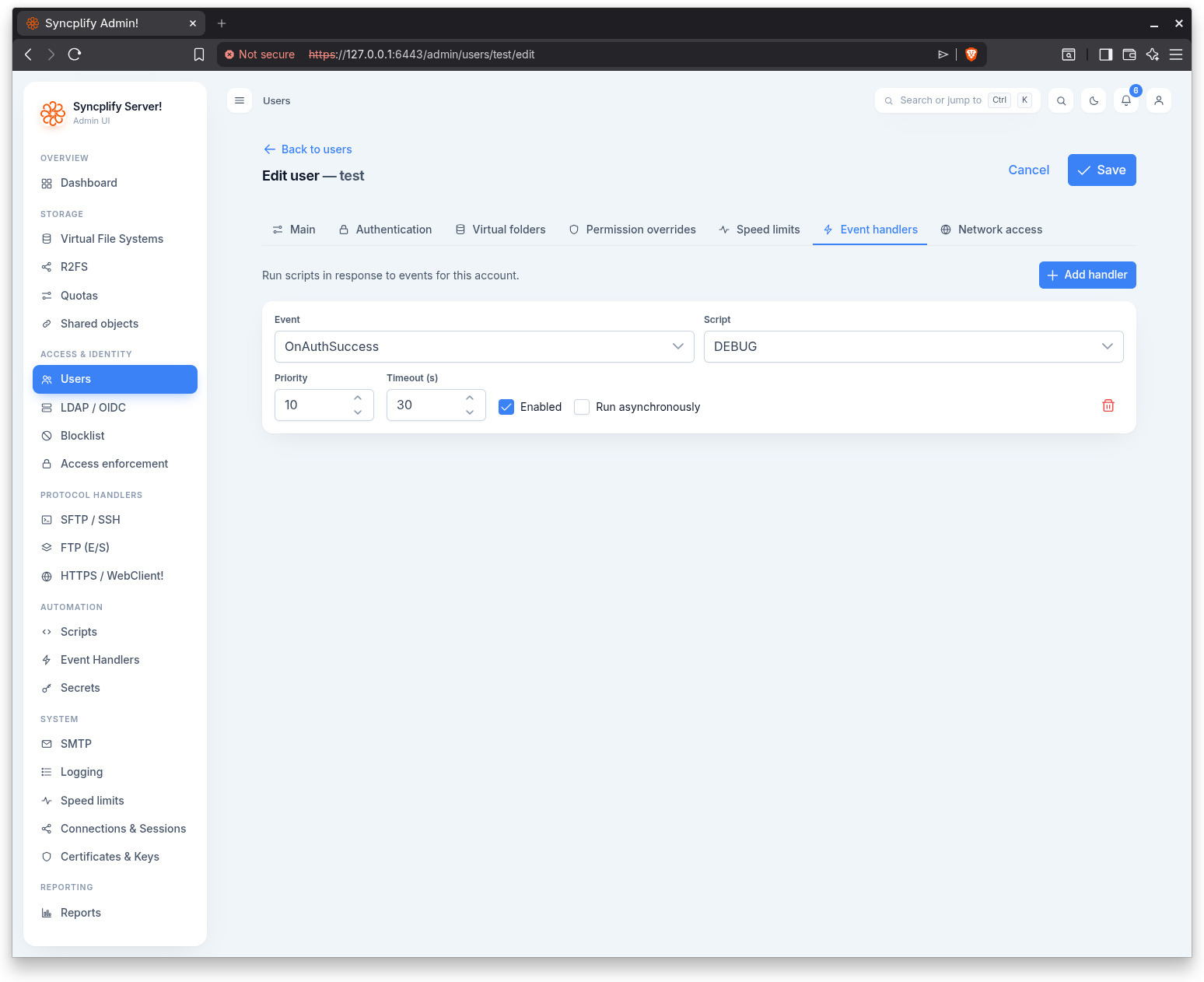 The Event handlers tab of the user editor