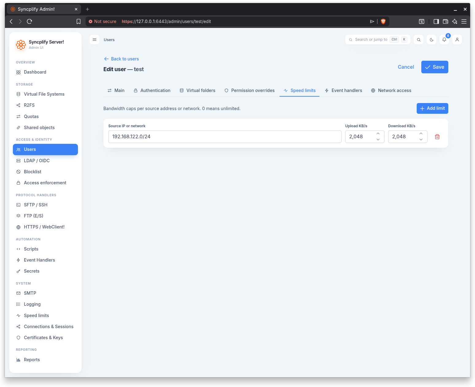 The Speed limits tab of the user editor