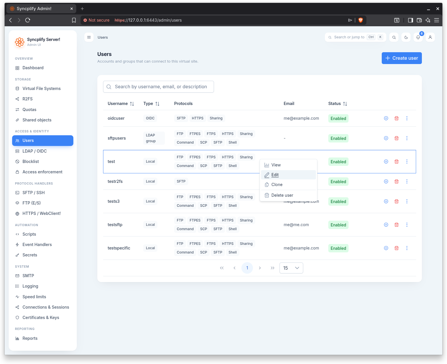 The per user actions menu
