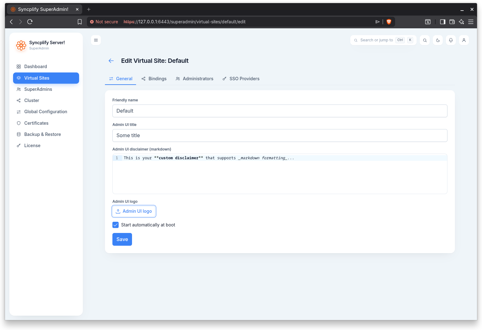 Virtual site editor tabs
