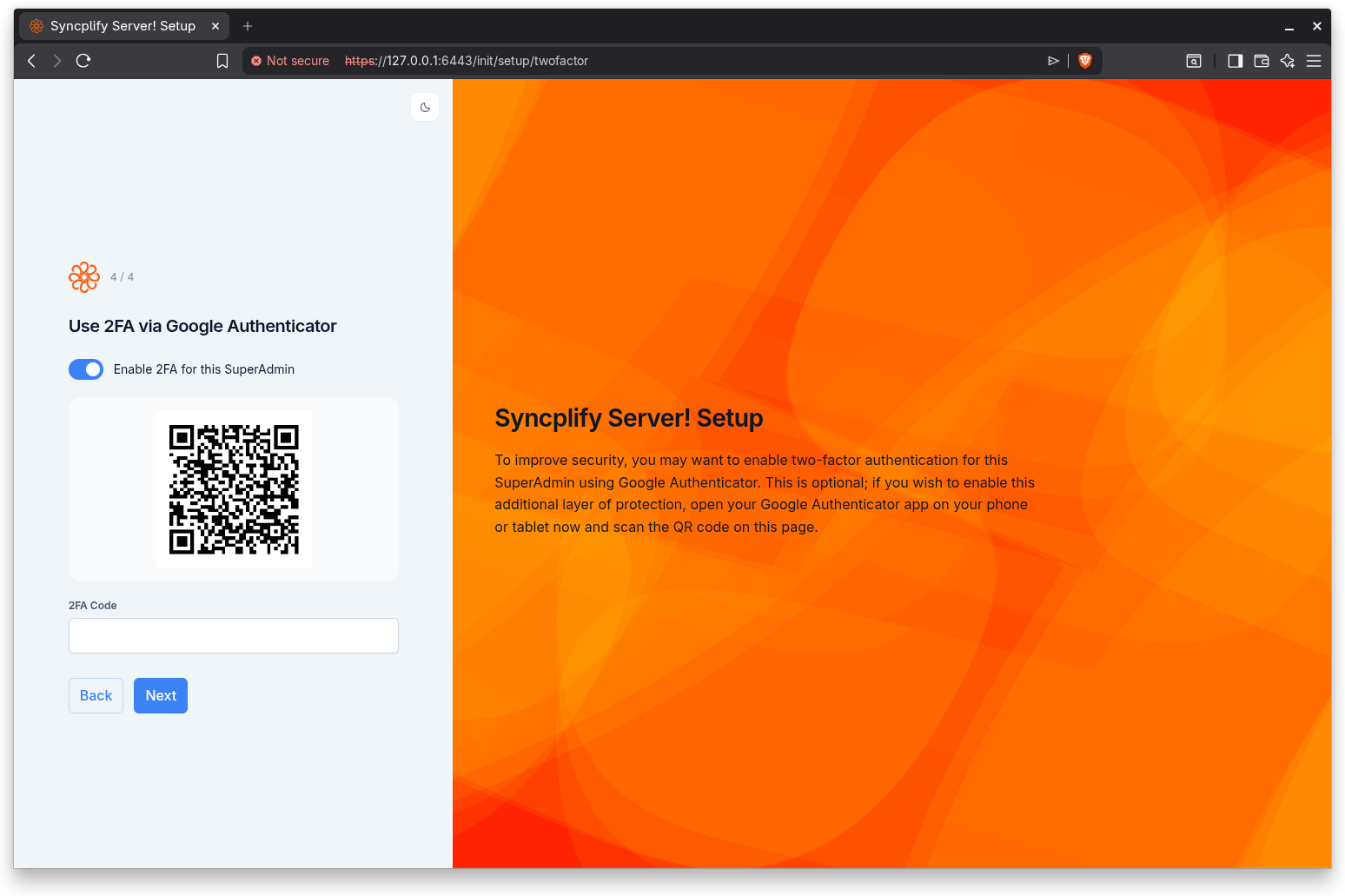 Two-factor authentication step with the QR code and verification code field